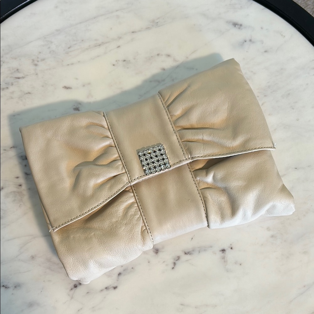 Leather Cream Clutch with Rhinestone Accent